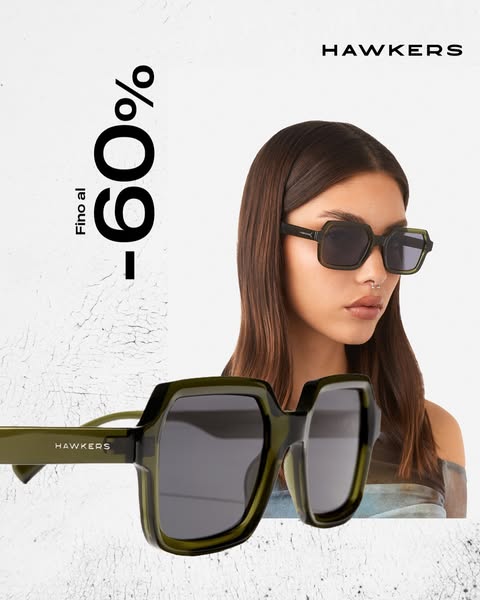 The ad features a model wearing green, angular Hawkers sunglasses, with another pair prominently displayed in the foregr