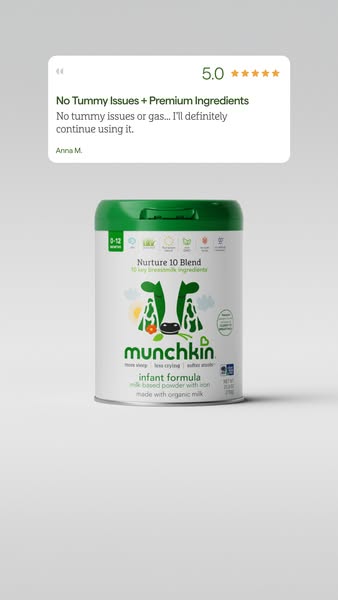 This image ad for Munchkin infant formula features a customer testimonial, a product shot, and a claim about the ingredi