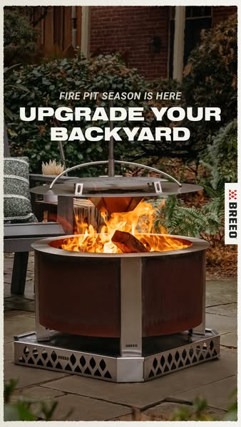 This image ad promotes Breeo fire pits, highlighting the opportunity to upgrade your backyard for fire pit season.