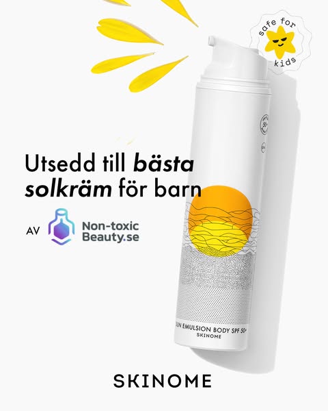 This ad showcases a white bottle of SKINOME sun emulsion. The ad uses minimal text and an aesthetic visual style to conv