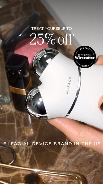 This ad for NuFace promotes a special offer of 25% off. It features a NuFace device being held in front of other cosmeti