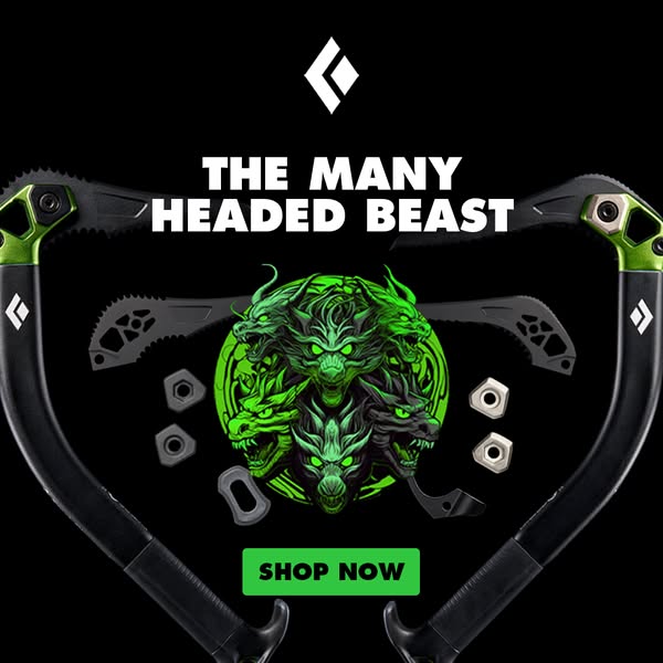 An image ad for Black Diamond climbing gear. It shows two ice axes in front of a circle graphic with the phrase "Th