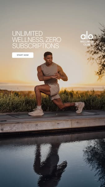 This image ad for Alo Wellness Club features a man in athletic wear demonstrating a lunge on a yoga mat with a backgroun