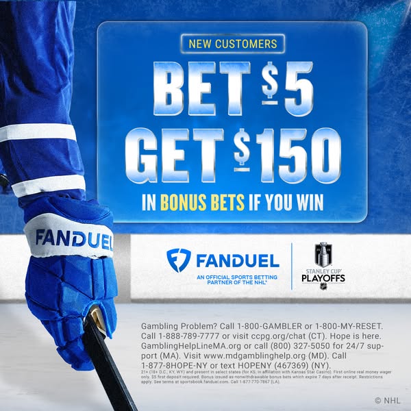 This ad for Fanduel promotes a sports betting offer for new customers related to the NHL Stanley Cup Playoffs. It featur