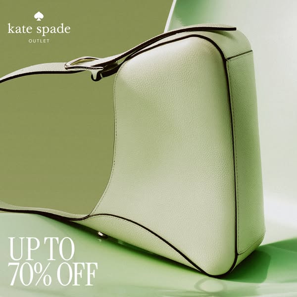 This ad from Kate Spade Outlet features an angled product shot of a light green handbag, emphasizing a sale of up to 70%