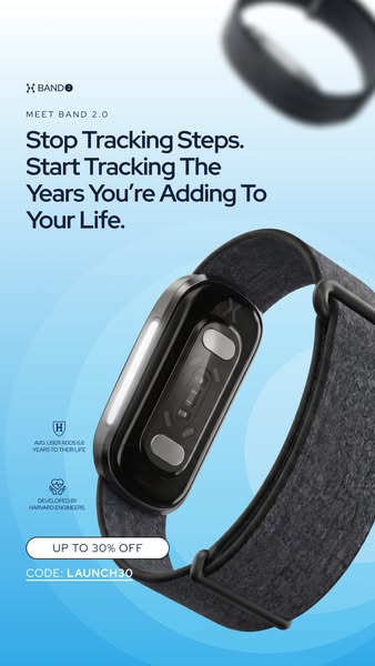 This image ad showcases the Meet Band 2.0 fitness tracker. The ad emphasizes tracking the years one is adding to their l