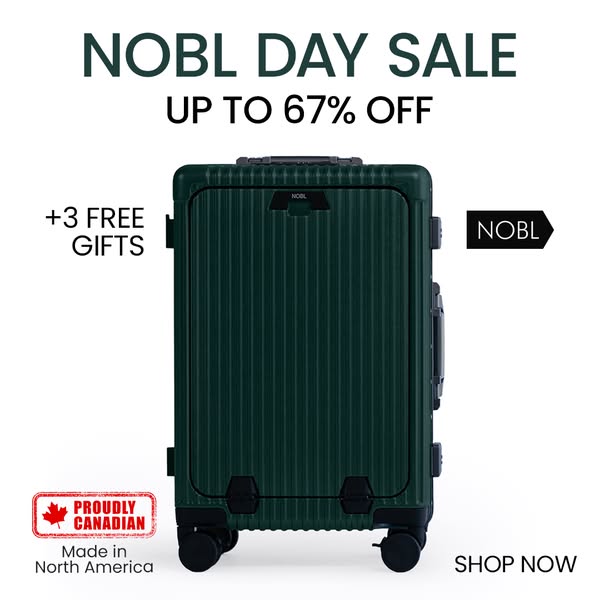 This image ad promotes a NOBL suitcase with a special sale of up to 67% off plus three free gifts. The ad highlights tha