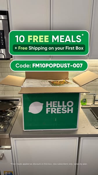 This image ad for Hello Fresh promotes a limited-time offer of 10 free meals and free shipping on the first box, using t