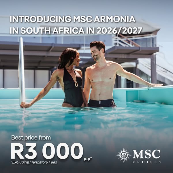 This image ad for MSC Cruises promotes cruises in South Africa in 2026/2027, featuring a shot of a couple in a pool on w