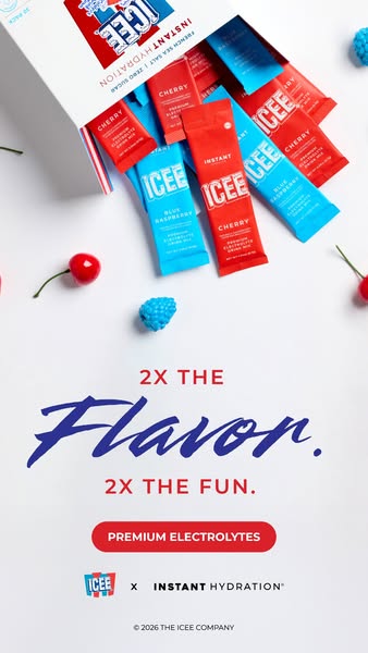 This image ad shows an ICEE Instant Hydration box filled with individual drink mix packets and emphasizes the product