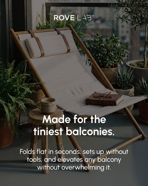 This image ad showcases an outdoor lounge chair designed for small spaces, such as balconies, and emphasizes its ease of