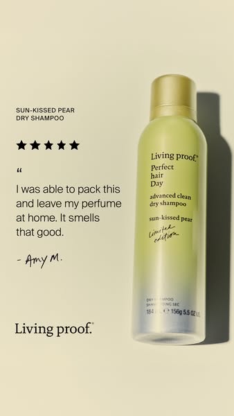 This image ad features Living Proof's Perfect hair Day advanced clean dry shampoo in the sun-kissed pear limited edi