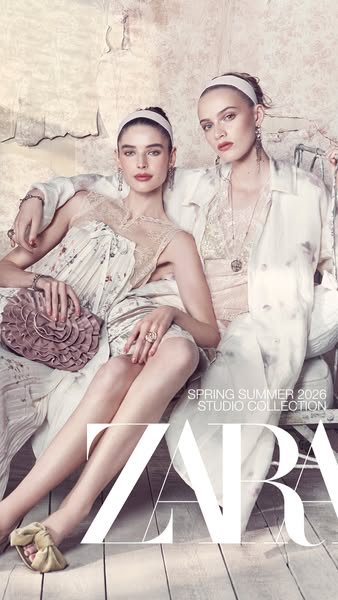 An ad for ZARA featuring two models dressed in their Spring Summer 2026 Studio Collection, showcasing the brand's cl