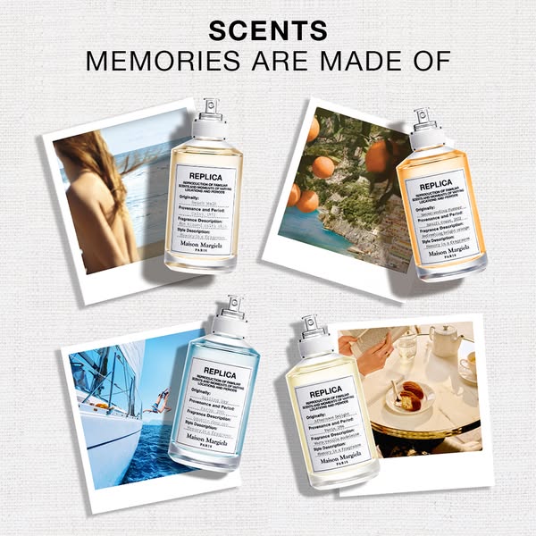 This image ad promotes the Replica fragrance line by Maison Margiela. It presents four different Replica fragrances with