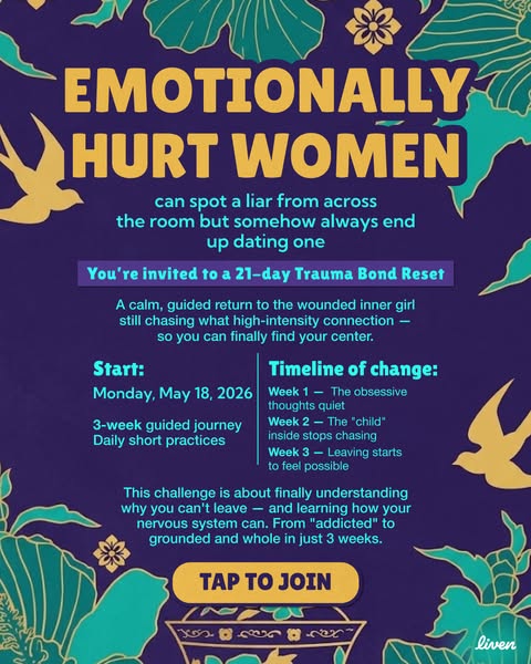 The ad is for a 21-day Trauma Bond Reset program for emotionally hurt women. It tells the audience that through the prog