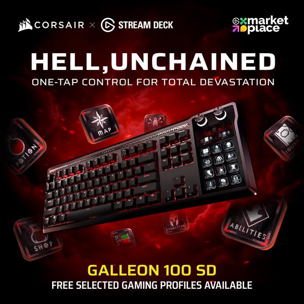 This ad highlights the Corsair and Stream Deck Galleon 100 SD gaming keyboard, emphasizing its one-tap control and free 