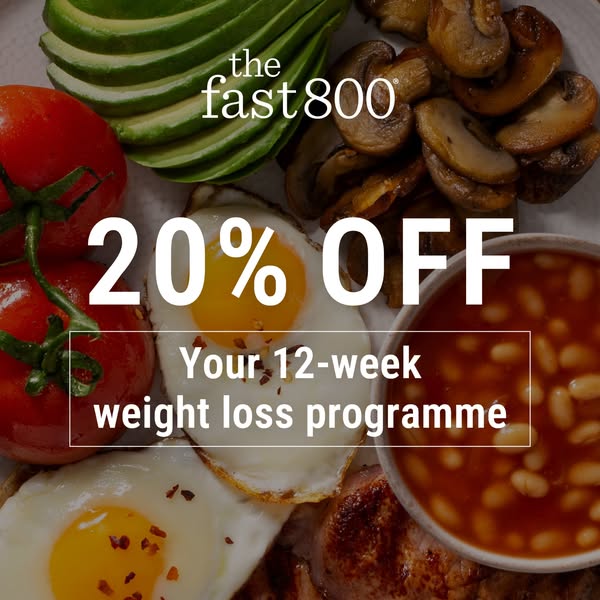 This image ad promotes the Fast 800 weight loss programme with a 20% off offer. It features a close-up shot of a plate w