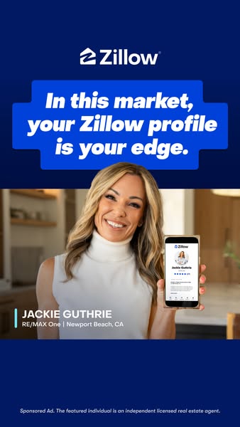 An ad for Zillow featuring a real estate agent promoting the importance of a Zillow profile.