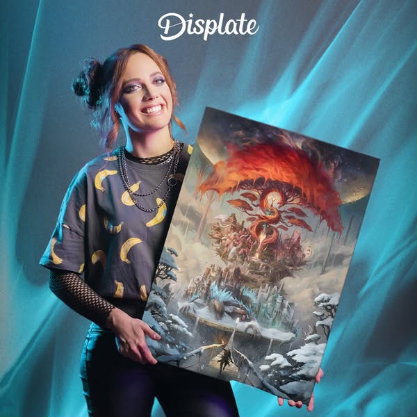 This ad showcases Displate through an image of a woman holding up a framed Displate in front of a turquoise background.