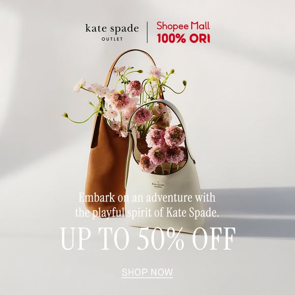 This image ad for Kate Spade Outlet promotes a sale event, showcasing two bags filled with flowers against a clean, brig