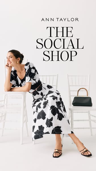 This image ad for Ann Taylor features a woman modeling a black and white floral print two-piece set, along with a black 