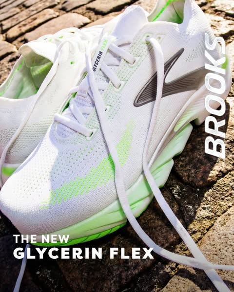 This ad promotes the new Glycerin Flex running shoes by Brooks, showcasing the shoe's design and features in a close