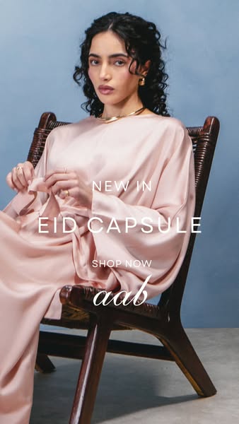This ad showcases a new clothing capsule for Eid, featuring a model wearing a stylish outfit in a simple studio setting.