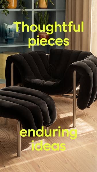 The image ad showcases a velvet armchair and ottoman set. The image is accompanied by the text, “Thoughtful pieces, endu