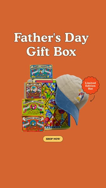 This ad promotes a gift box and limited edition hat for Father's Day from the brand Fishwife. The ad showcases the p