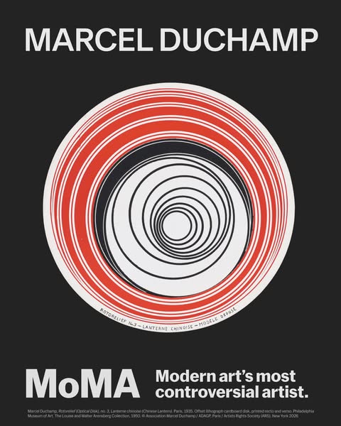 The ad showcases Marcel Duchamp as a controversial artist. The art piece, a Rotorelief optical disk, is meant to draw in