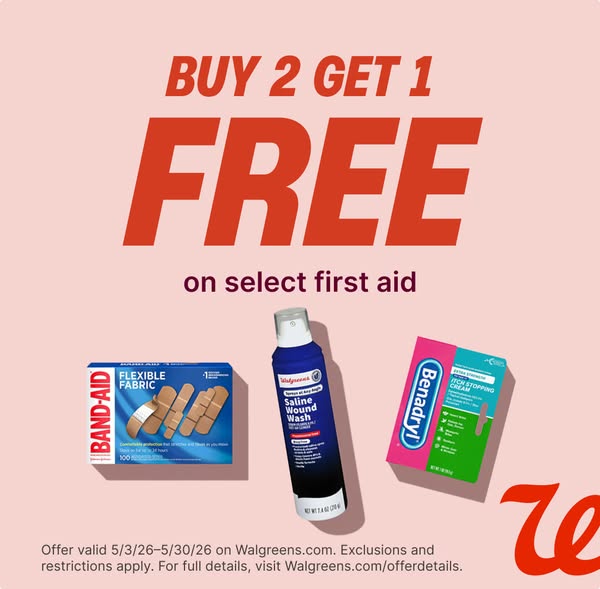 This image ad promotes a sale at Walgreens for first aid products. The offer is 'Buy 2 Get 1 Free' on select fir