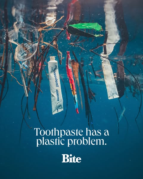 This ad highlights the plastic waste created by toothpaste tubes and introduces Bite toothpaste tablets as a sustainable