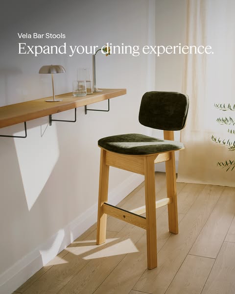 This image ad features the Vela Bar Stools, emphasizing their role in enhancing the dining experience through a minimali