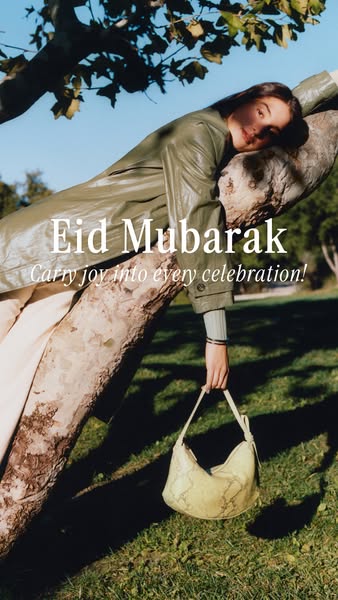 This image ad conveys a message of Eid Mubarak, wishing joy for every celebration. It features a woman reclining on a tr