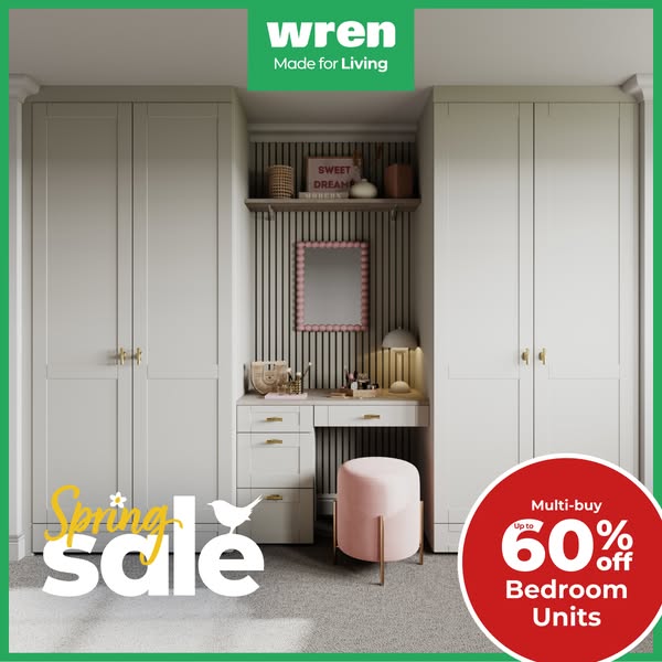 This ad is for Wren Bedroom Units, with a spring sale offering multi-buy discounts up to 60% off.