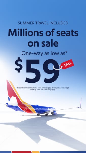 An advertisement from Southwest promoting their summer travel deals, including one-way flights as low as $59.00.