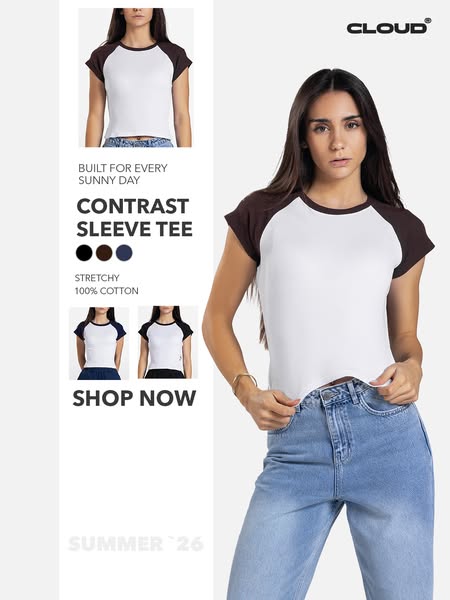 This ad features a woman wearing a contrast sleeve tee, offered by Cloud. The ad highlights the tee's comfort and av