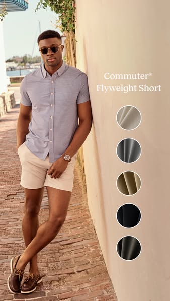 This image ad showcases a male model wearing a short sleeve shirt and the brand's featured "Commuter Flyweight 