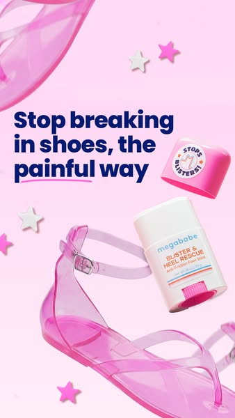 The ad is for Megababe's Blister & Heel Rescue stick and informs the viewer that they can stop breaking in shoes