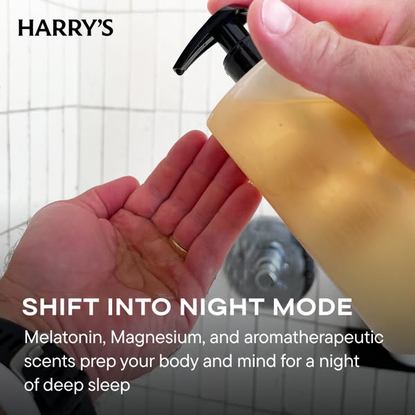 This Harry's image ad shows their night mode body wash being dispensed into a hand to promote the calming benefits o