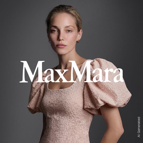 A fashion ad featuring a female model wearing a pink dress.