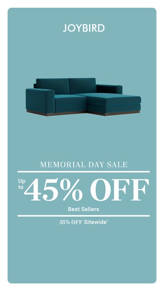This ad promotes Joybird's Memorial Day sale, offering up to 45% off best sellers and 35% off sitewide. The visual f