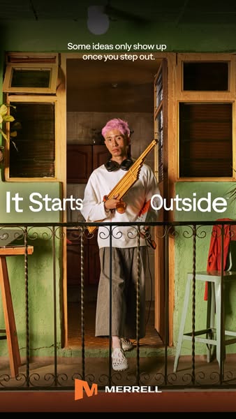 This image ad for Merrell shows a person standing in a doorway and promotes the idea that inspiration comes from going o