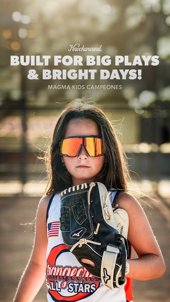 This image ad for Knockaround sunglasses features a young softball player wearing a pair of Knockaround sunglasses with 
