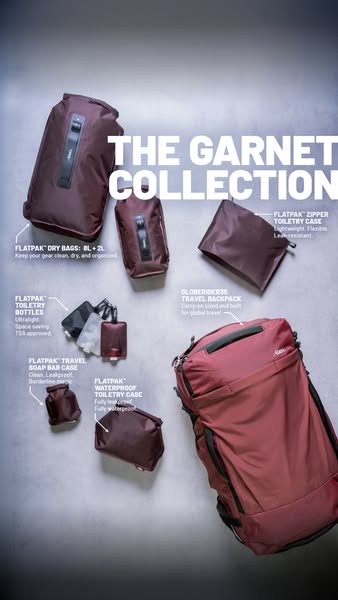 This image ad showcases several products from the Garnet Collection. These include dry bags, toiletry cases, bottles, so