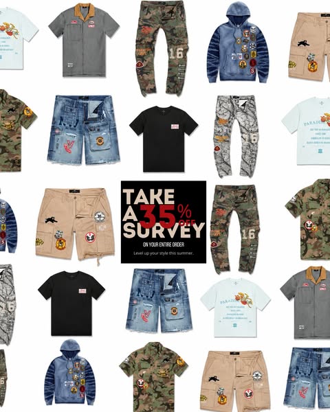 This image ad features a grid-style product display of various clothing items, including t-shirts, shorts, pants, hoodie
