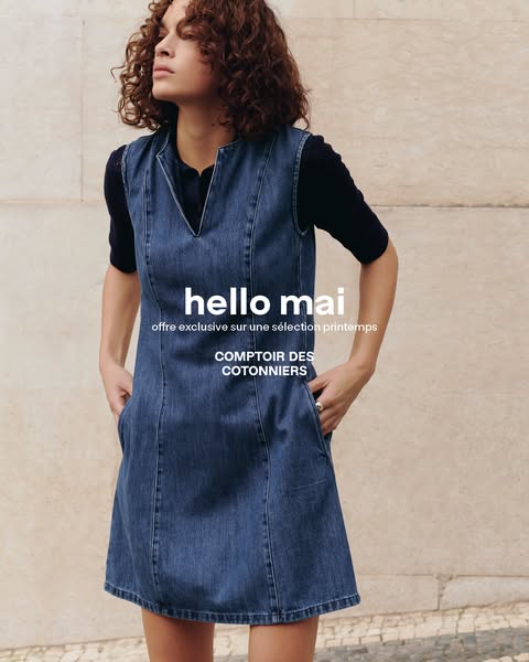 This ad for Comptoir des Cotonniers features a woman wearing a sleeveless denim dress and advertises an exclusive offer 