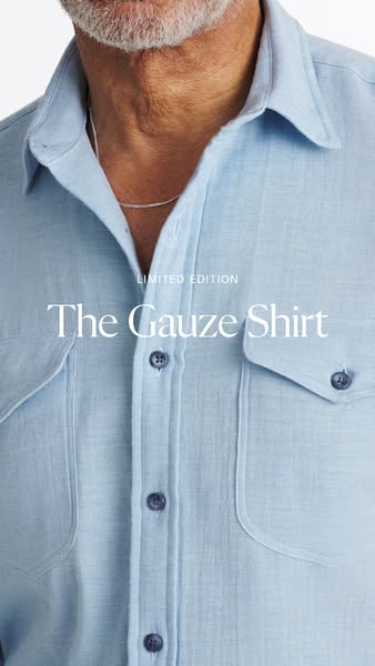This ad showcases a close up of a man wearing the brand's gauze shirt.