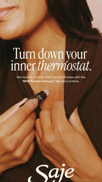 This ad promotes Saje's Pocket Farmacy Women's Edition, a natural cooling relief product for hot flashes. The ad