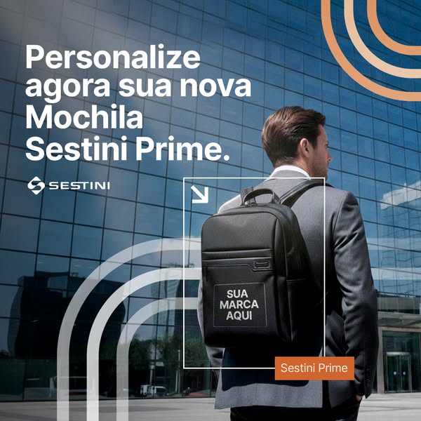An image ad showcases the Sestini Prime backpack against a modern building backdrop, inviting customers to personalize t
